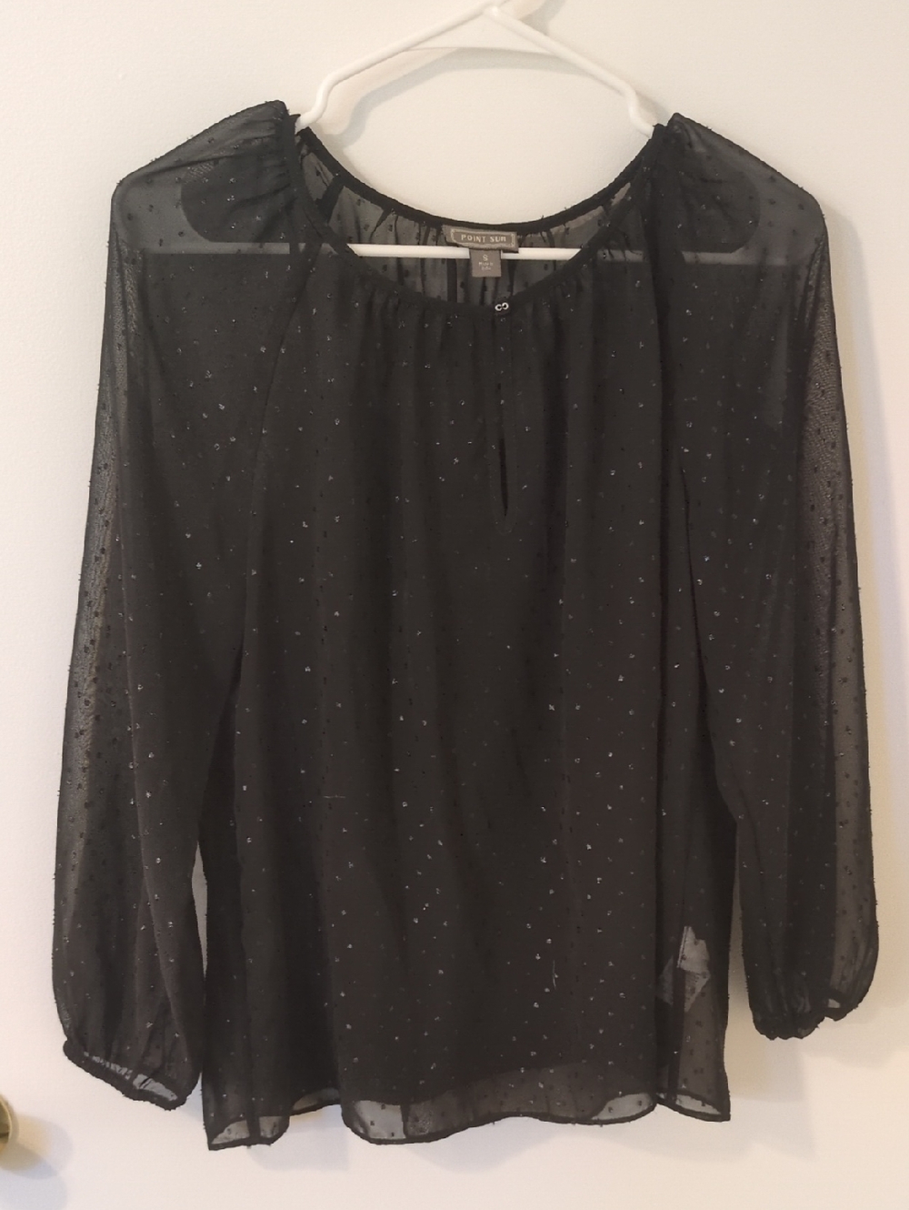 Petite Sophisticate Black Sheer Polka Dot Blouse